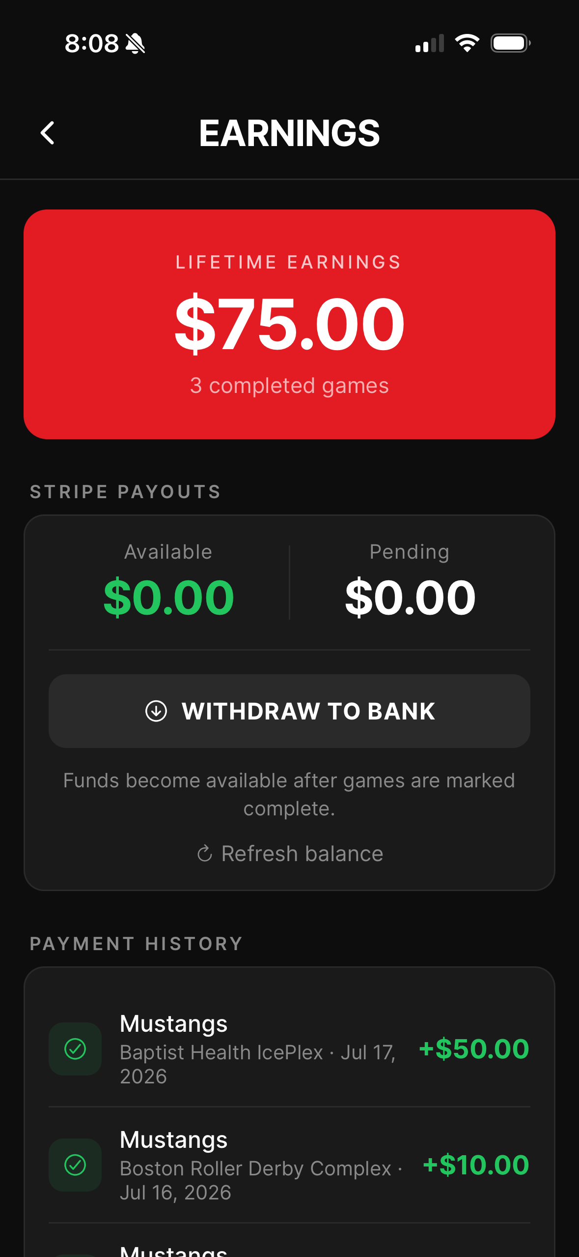 Earnings screen