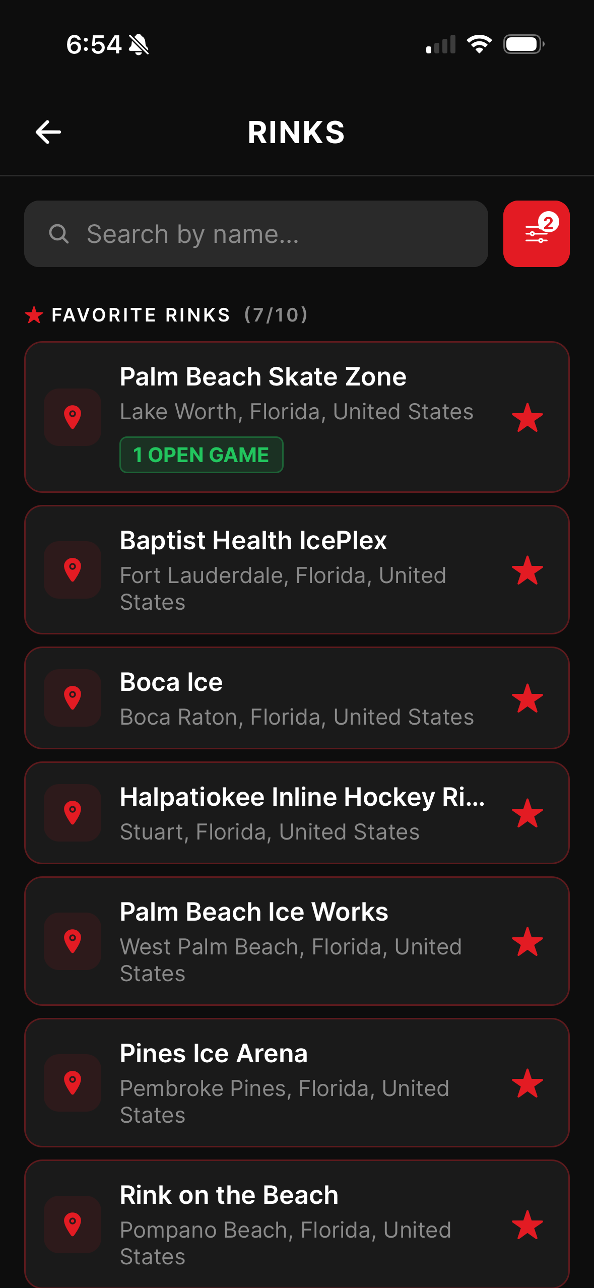 Favorite rinks screen