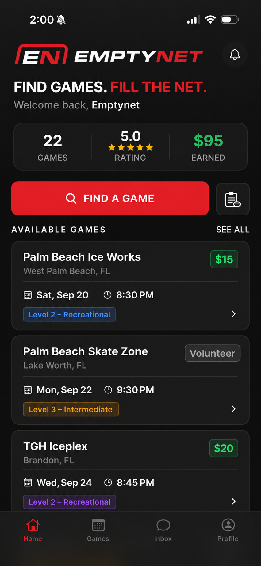 Available games screen